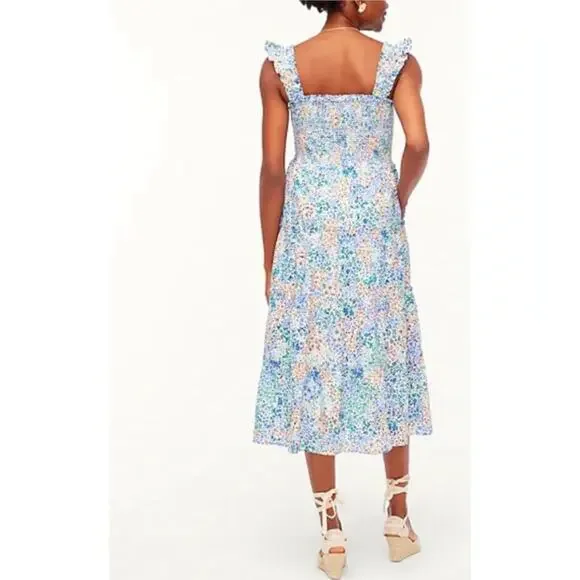 J. Crew Dress Floral Cotton Smocked Midi Tiered Multicolor Size Medium - Picture 2 of 10